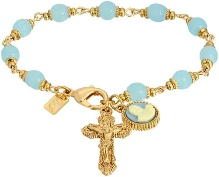 symbols of faith womens aqua glass chalcedony baroque crucifix mother and child cameo link bracelet
